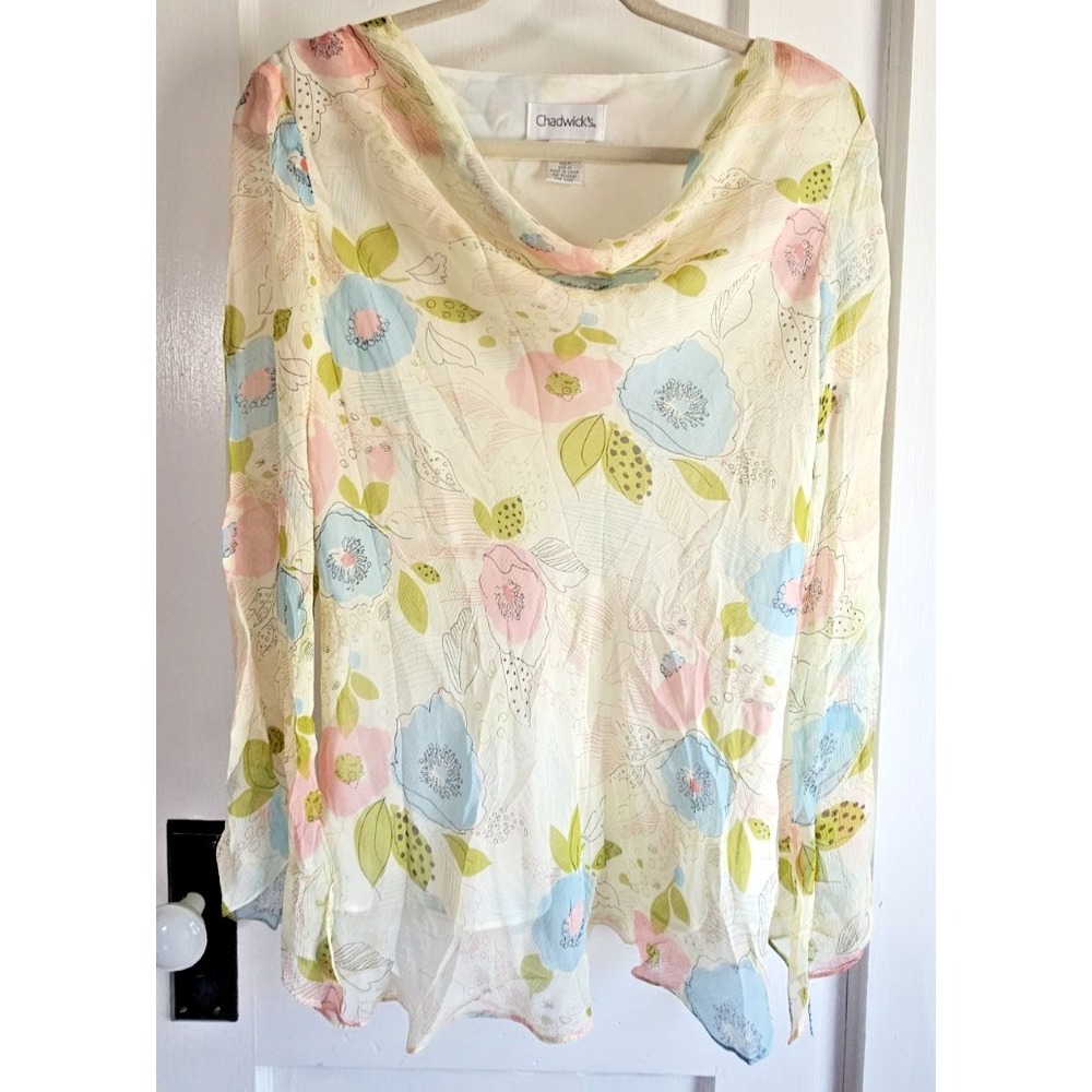 Chadwicks cowl neck 100% silk sheer sleeve woman Sz 12 floral blouse‎